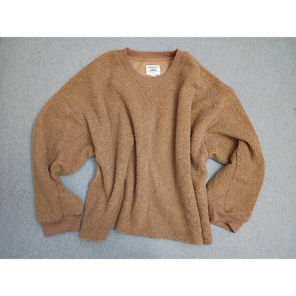 American Eagle XXL Teddy Sherpa Raw Hem Fleece Sweatshirt Brown Crewneck Cozy